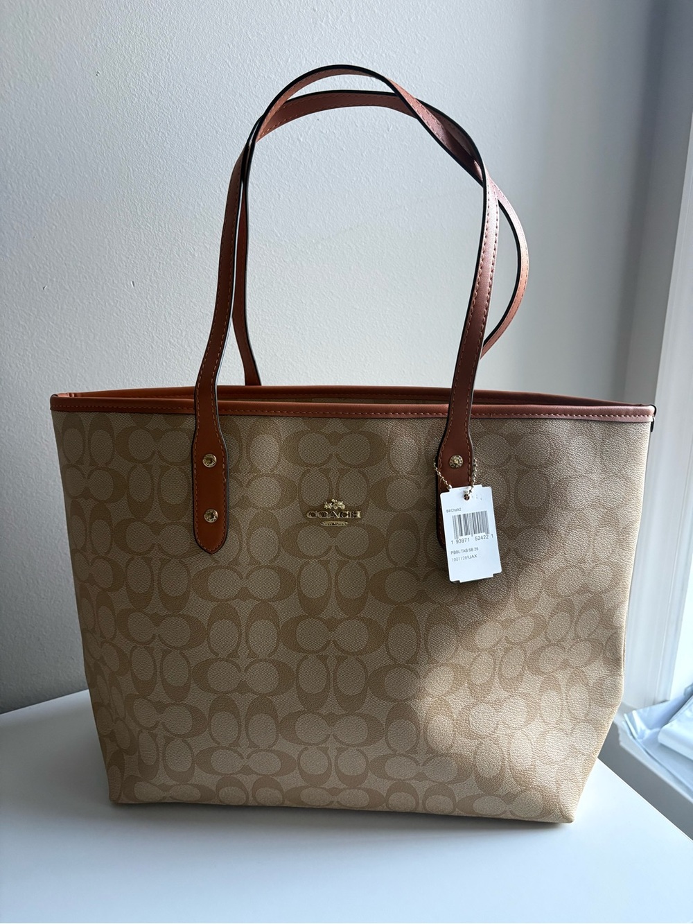 Coach Tan Signature Monogram Tote with Copper Trim